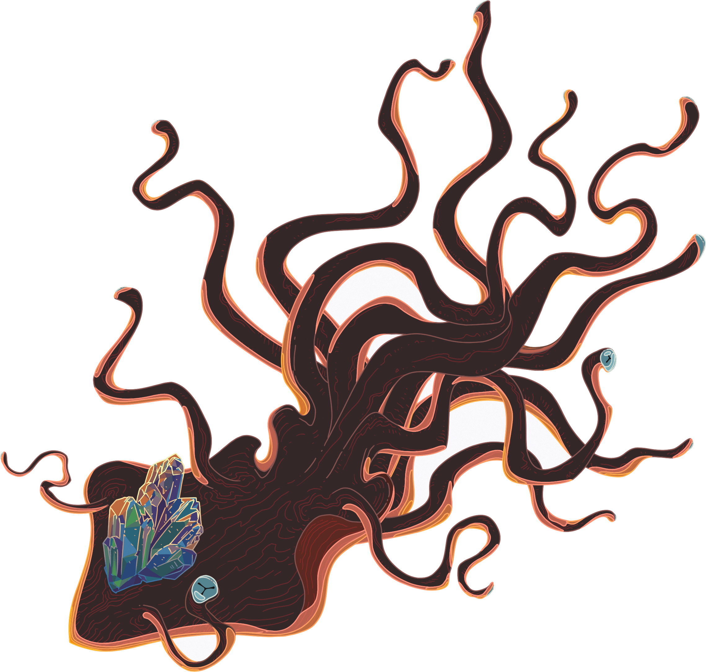 A ship-skate hanging above Earth. It is a mile long, has an enormous iridescent crystal on its back, and is covered in triune-eye-tipped tentacles.